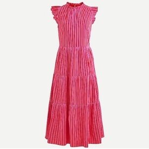 J. Crew Tiered Cotton Dobby Dress Cape Stripe Pink Red Size XL Tall